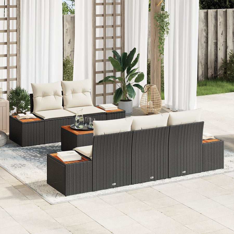 6-Delige Tuin Sofa Set Met Kussens Zwart Poly Rattan Acacia
