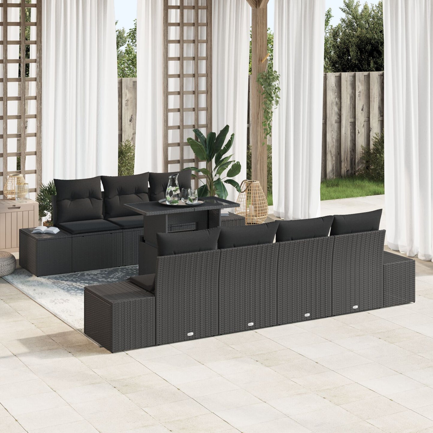 8-Delig Tuinbankstel Met Kussens Zwart Poly Rattan