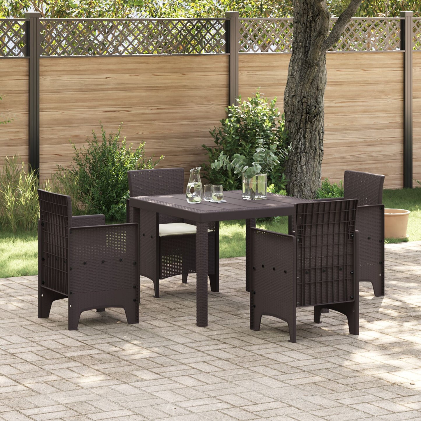 5-Delige Tuin Eettafel Set Met Kussens Bruin Poly Riet