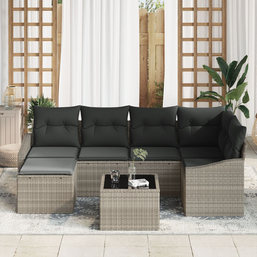 7 Delige Tuin Eetset Met Kussens Grijze Poly Rattan