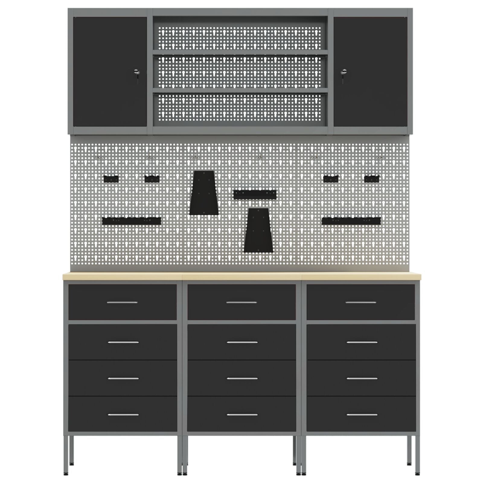 7-Delige Werkbank Set Staal 3x (85 cm) Zwart 4x kast + 4x pegboard