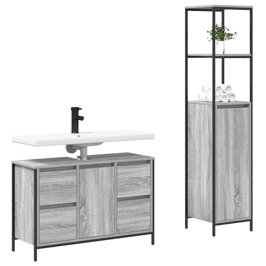 2-Delige Badkamermeubelset Engineered Wood Grijs sonoma Wastafelkast + badkamerkast