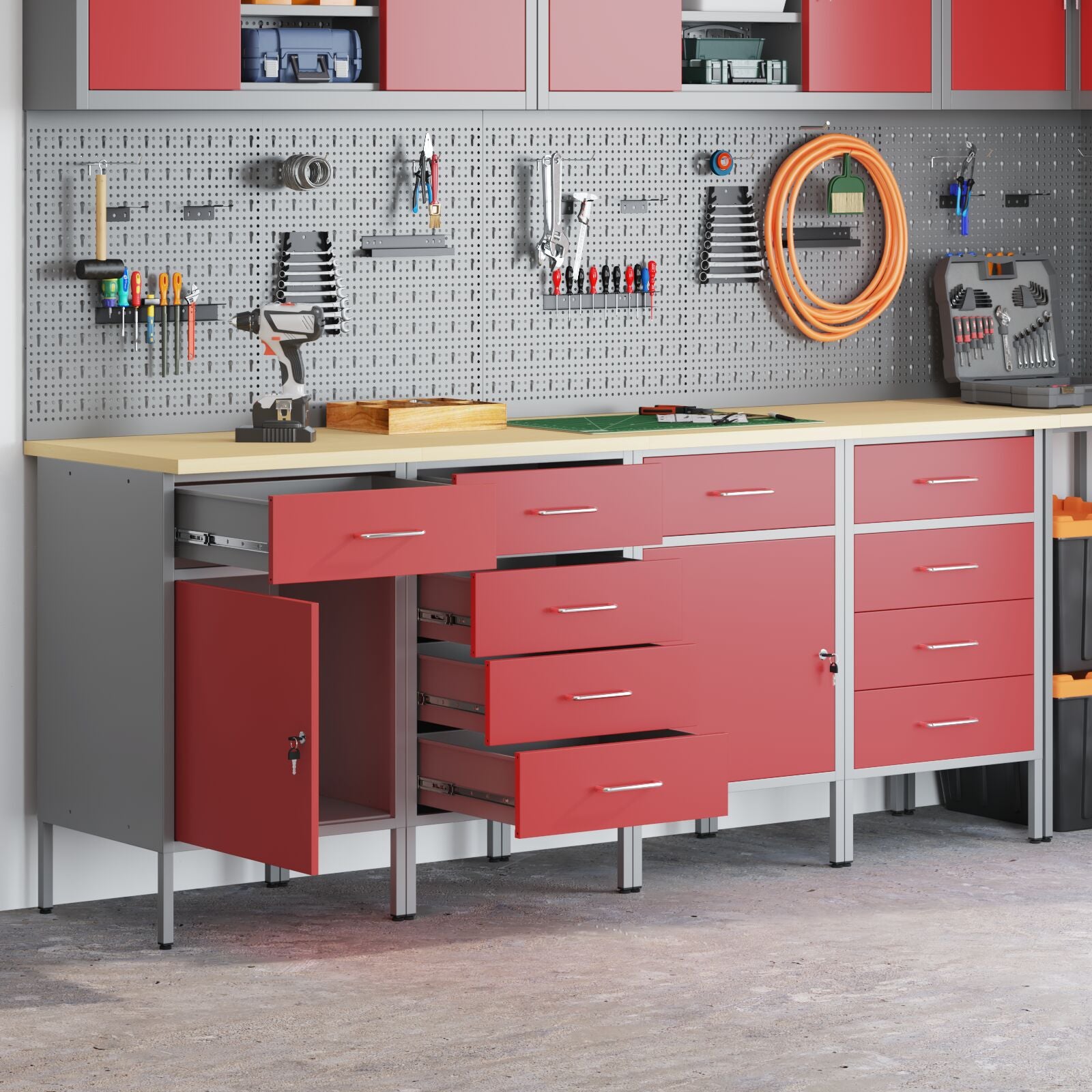 4-Delige Werkcabinet Set En Grijs Van Geëngineerd Hout En Staal 4x (2x84/2x85 cm) Rood 4x kast
