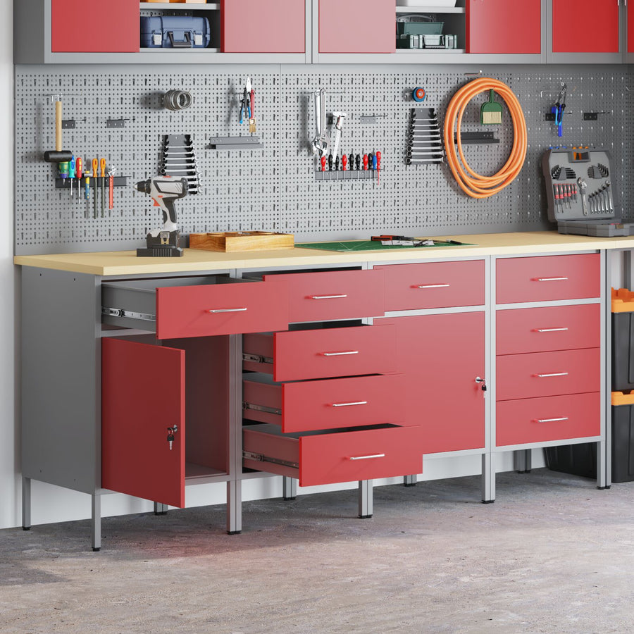 4-Delige Werkcabinet Set En Grijs Van Geëngineerd Hout En Staal 4x (2x84/2x85 cm) Rood 4x kast