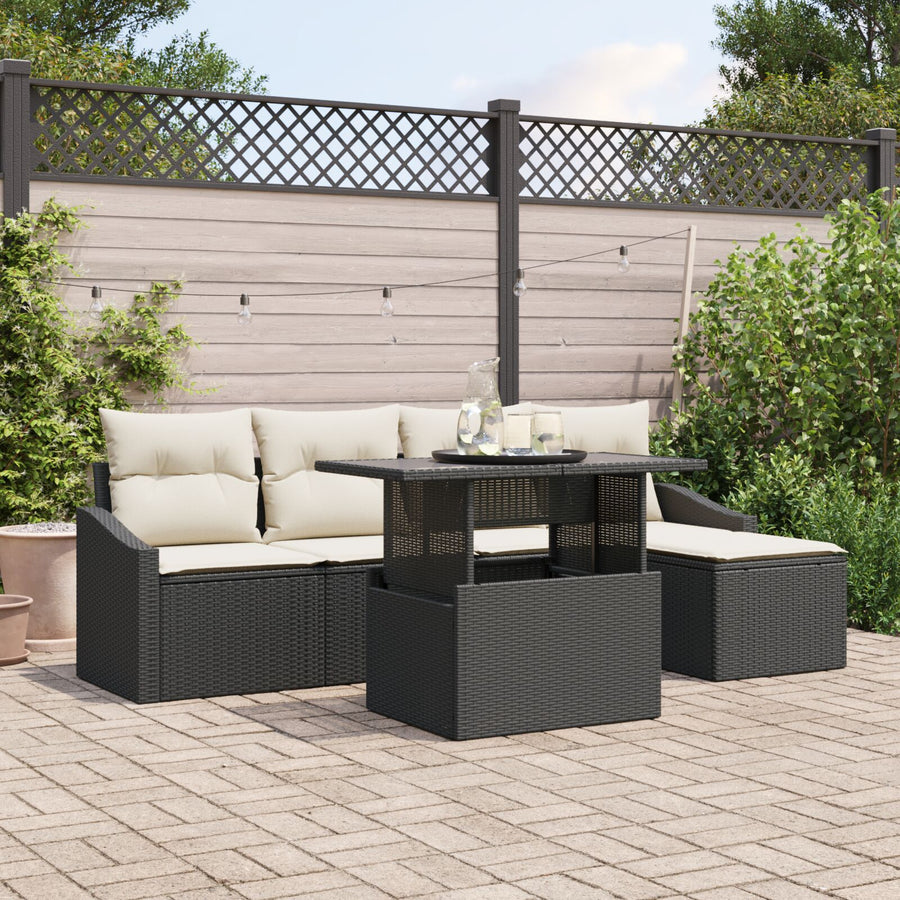 6-Delige Tuinbankset Met Kussens Zwart Poly Rattan