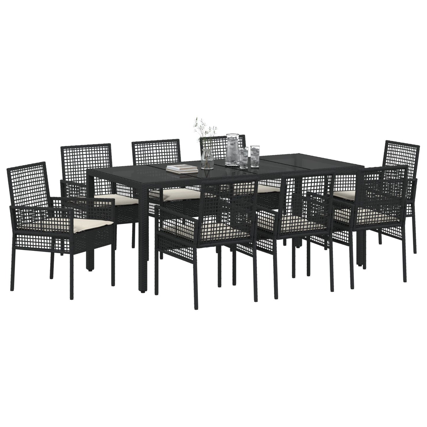Set Van 5 Zwart Poly Rattan, Gepoeerd Staal, Gehard Glas Groot
