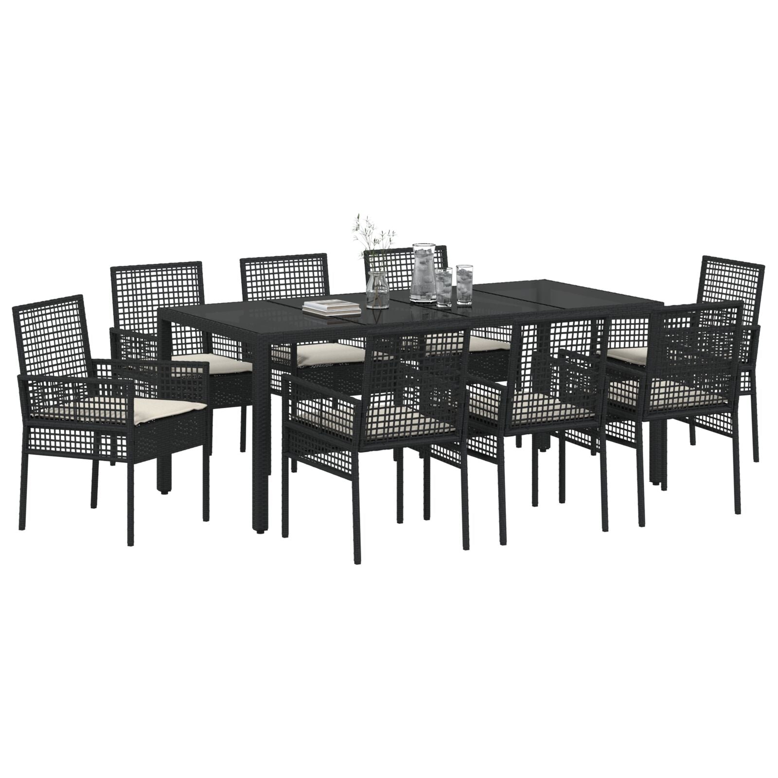 Set Van 5 Zwart Poly Rattan, Gepoeerd Staal, Gehard Glas Groot