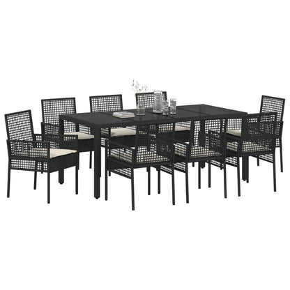 Set Van 5 Zwart Poly Rattan, Gepoeerd Staal, Gehard Glas Groot