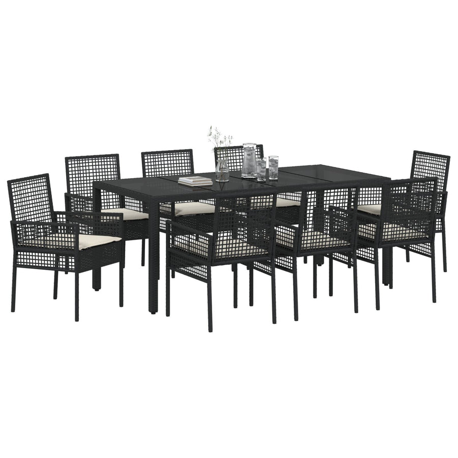 Set Van 5 Zwart Poly Rattan, Gepoeerd Staal, Gehard Glas Groot