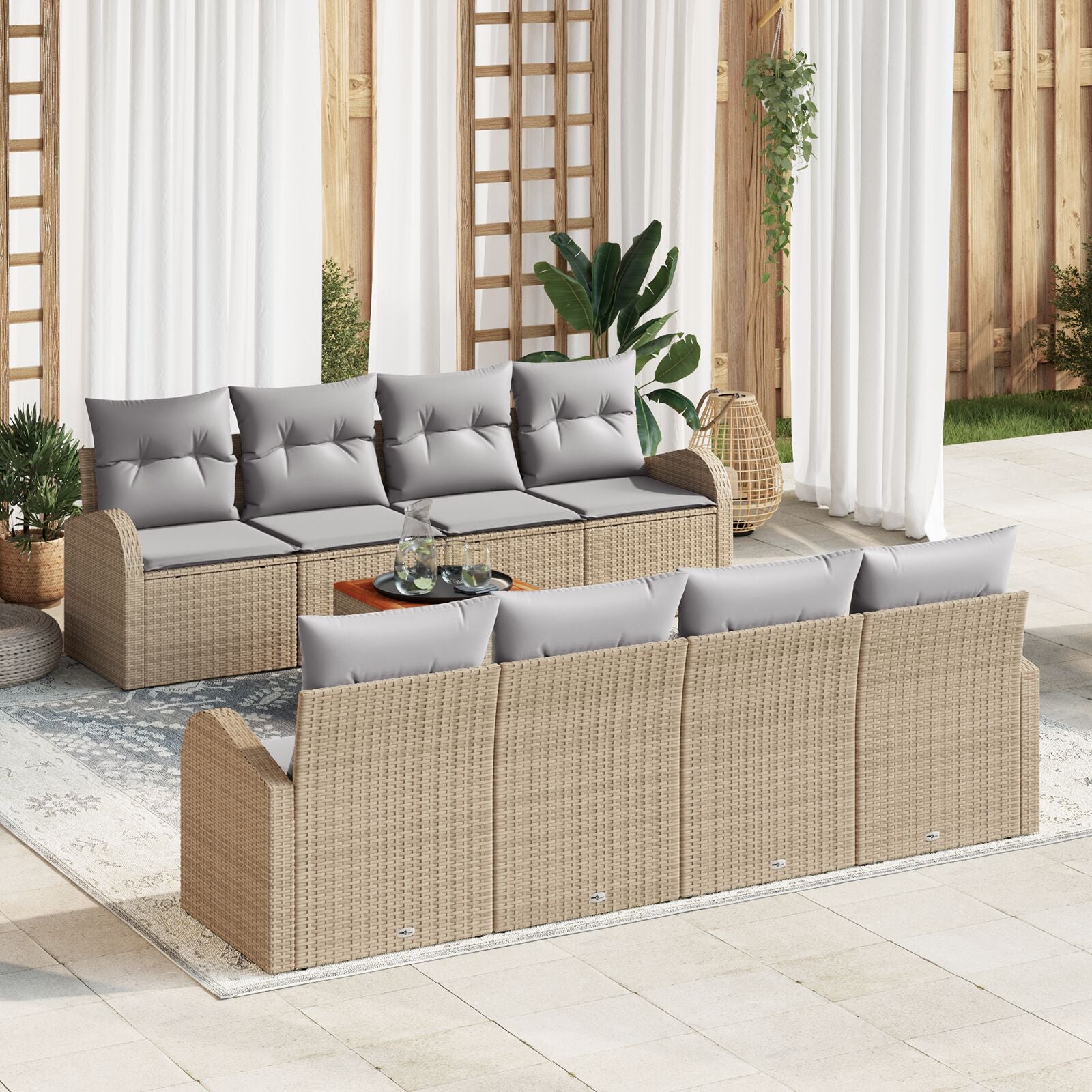 9-Delige Tuin Bank Set Met Kussens Beige Poly Rattan Acacia