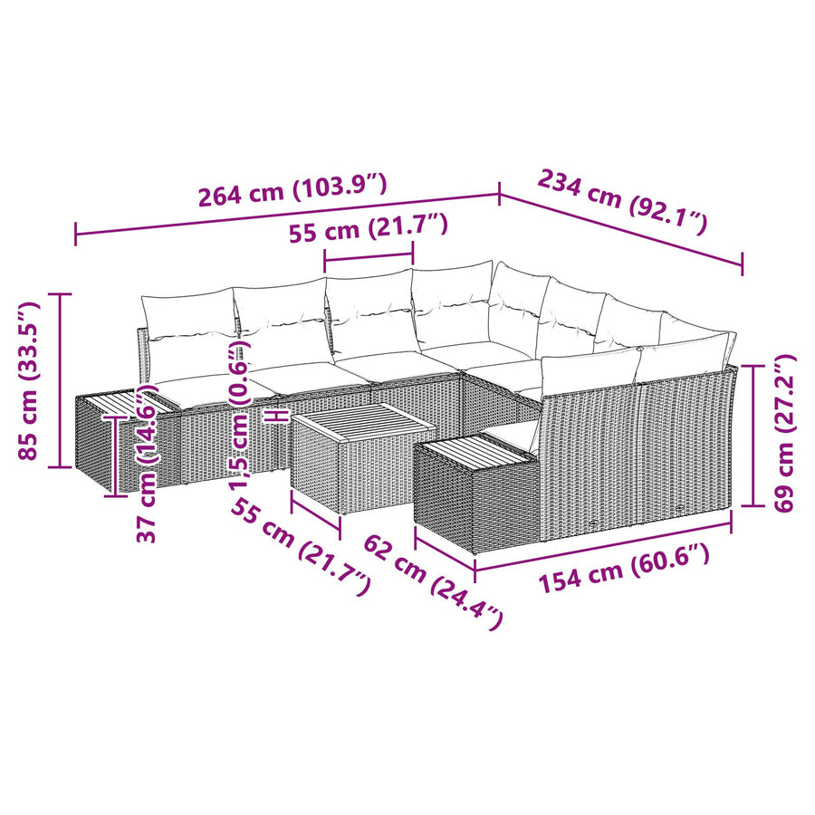 9-Delige Tuin Sofa Set Met Kussens Grijze Poly Rattan Acacia