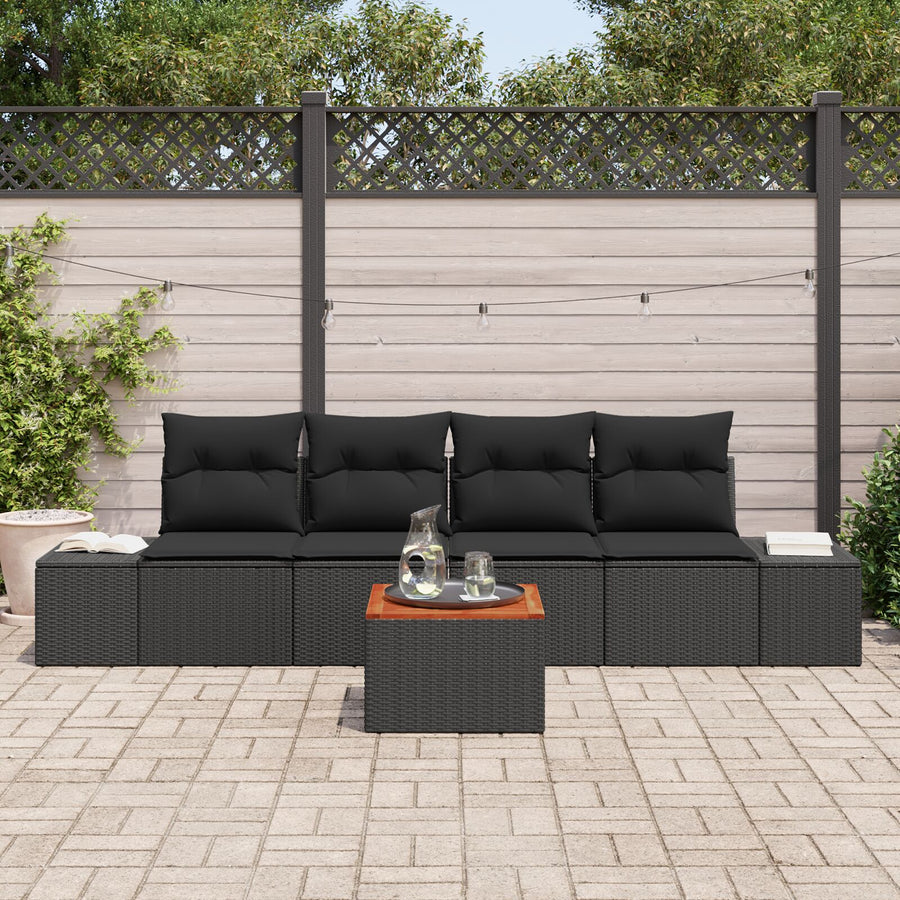 5-Delige Tuinsofa Set Met Kussens Zwart Poly Rattan Acacia