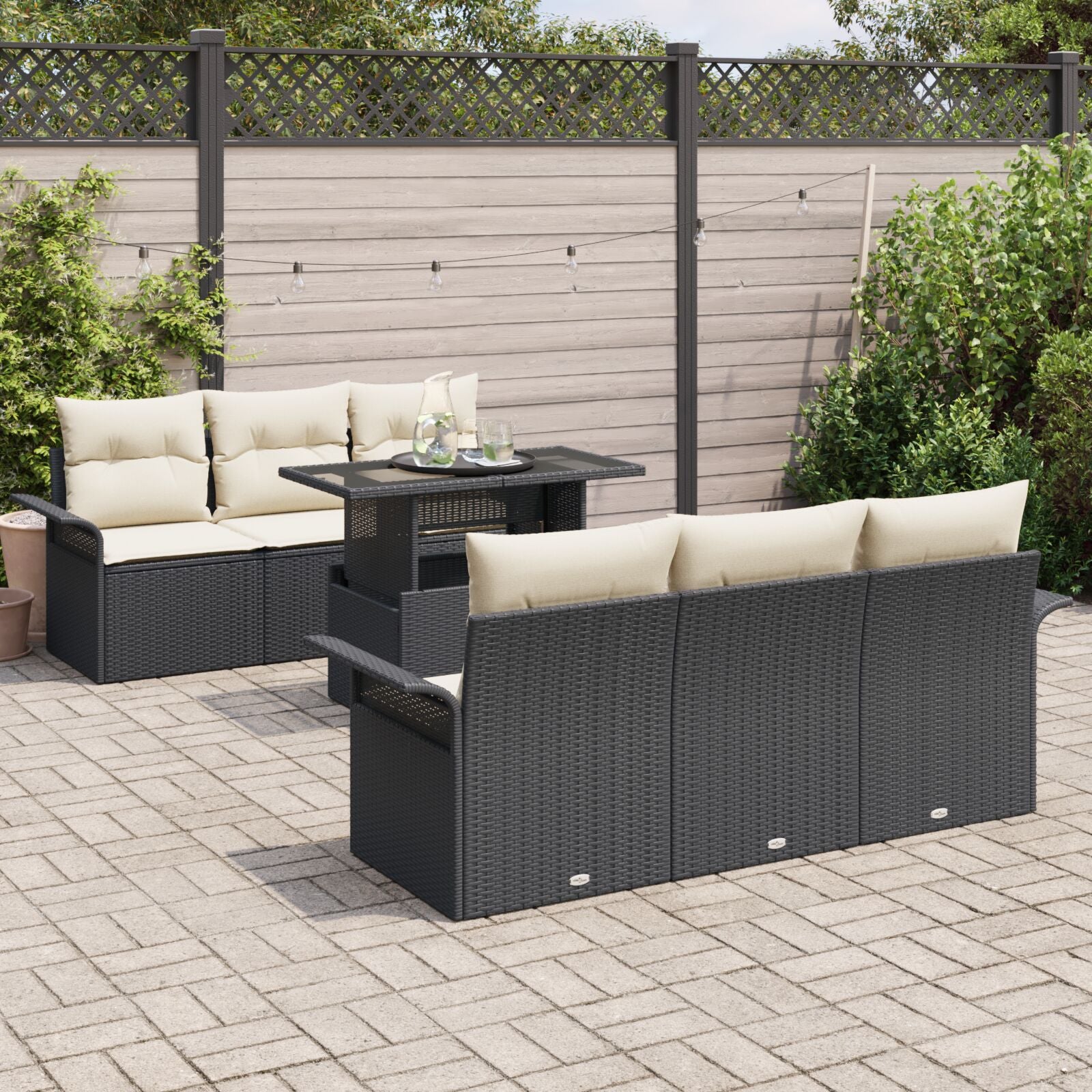 7-Delige Tuin Sofa Set Met Kussens Zwart Poly Rattan