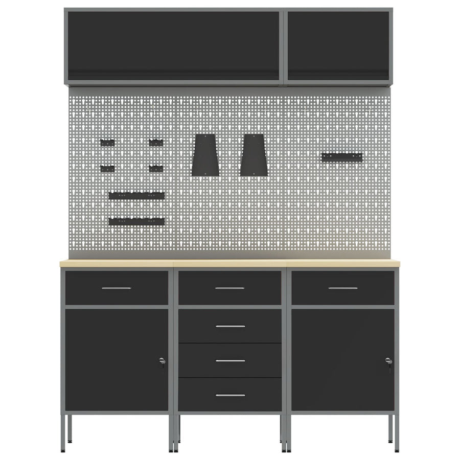 8-Delige Werkbankset Staal 3x (84/84/85 cm) Zwart 3x kast + 3x pegboard + 2x kast met deur