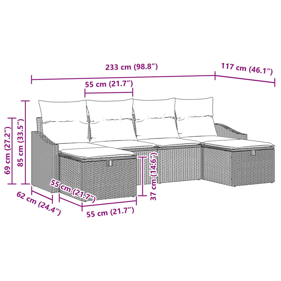 6-Delige Tuin Sofa Set Met Kussens Beige Poly Riet