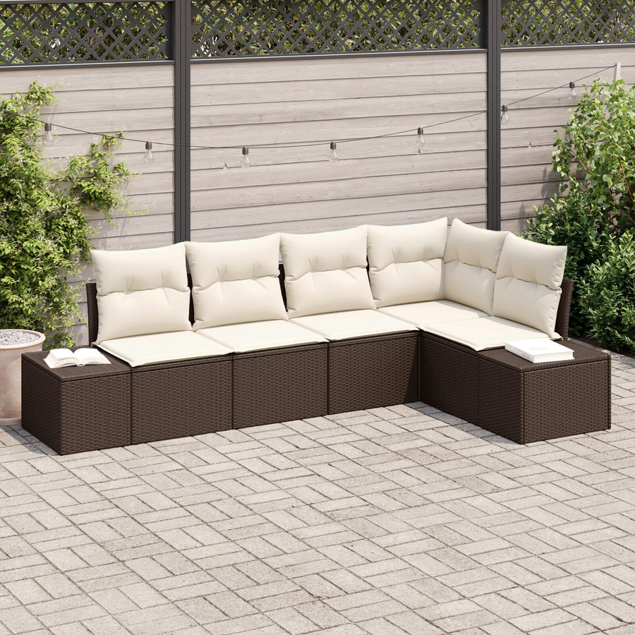 5-Delige Tuin Sofa Set Met Kussens Poly Rattan Bruin en crème zonder tafel