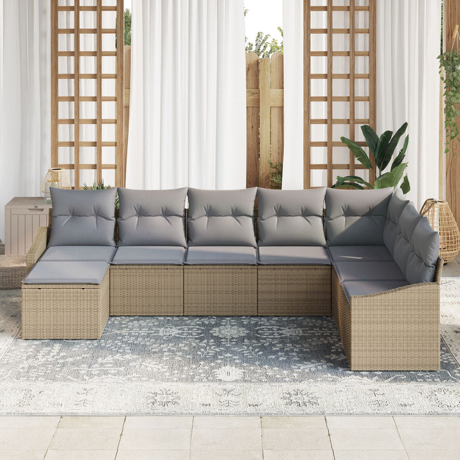 8-Delige Tuin Eetset Met Kussens Beige Poly Rattan