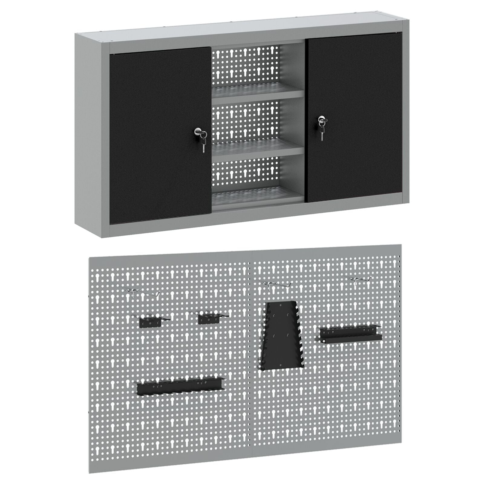 3 Delige Gereedschapskast En Pegboard Set Wandgemonteerd Zwart Metaal