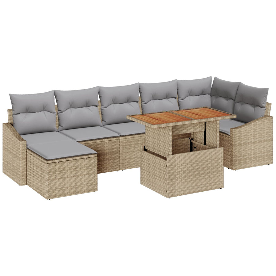 8-Delige Tuin Eetset Met Kussens Beige Poly Rattan Acacia