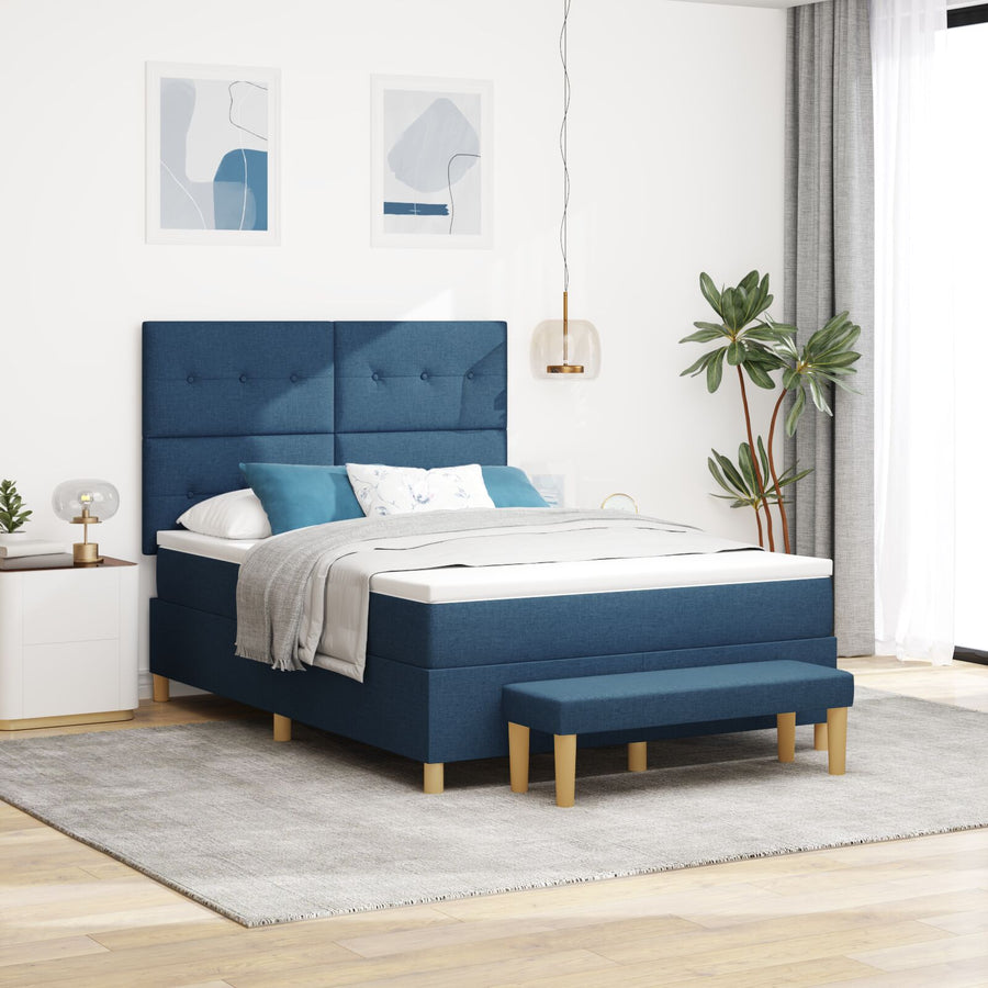 Boxspring Bed Met Matras & Bank Stof Blauw 160 x 200 cm Knopen geplooid