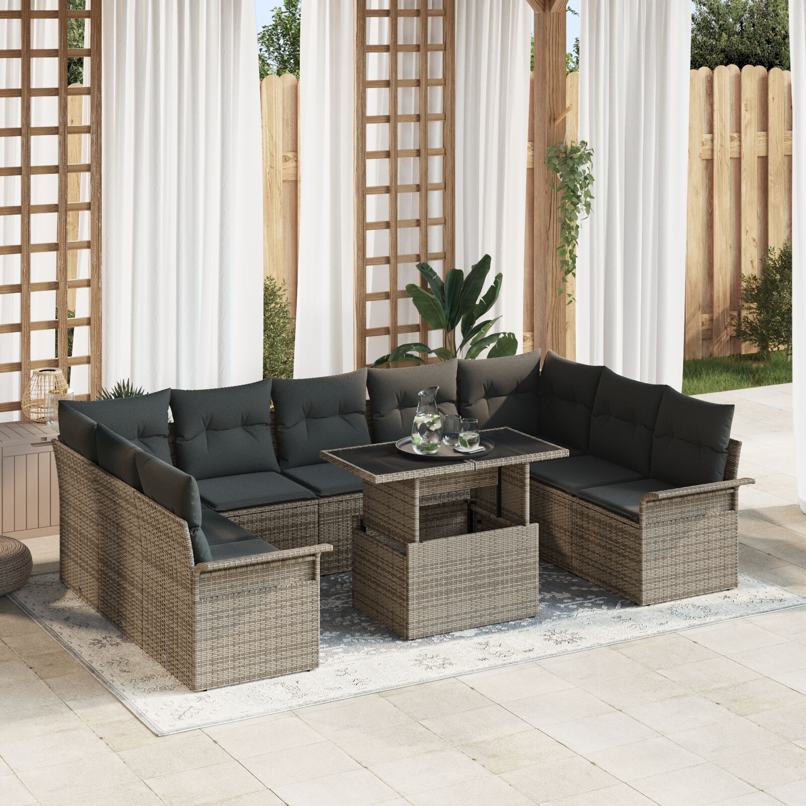 10-Delige Tuinbankset Met Kussens Grijs Poly Rattan