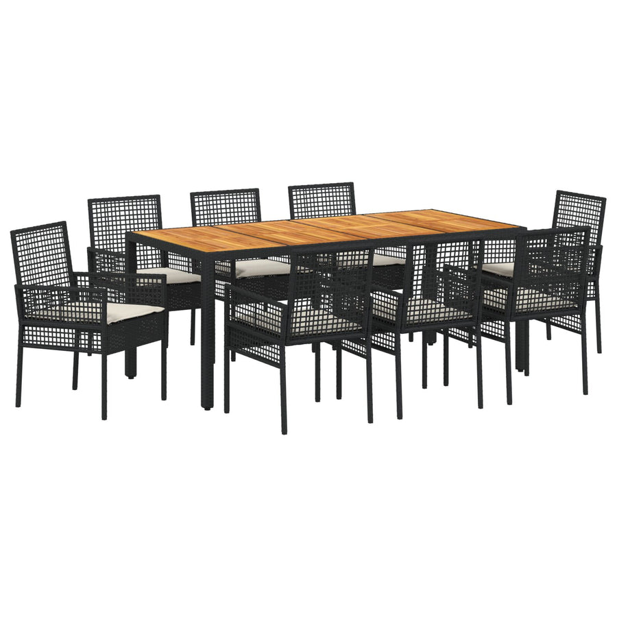 9-Delige Tuin Eetset Met Kussens Zwart Poly Rattan