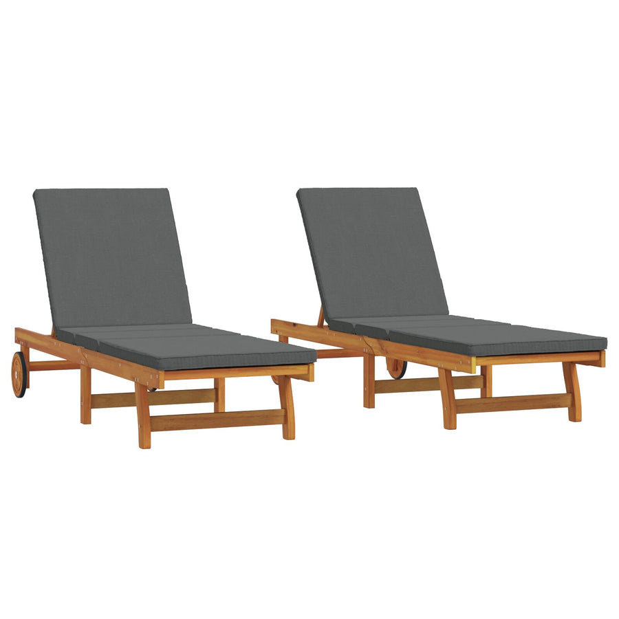 Ligstoelen 2 Stuks Met Wielen En Kussen Van Massief Acaciahout Donker grijs 2x ligstoel
