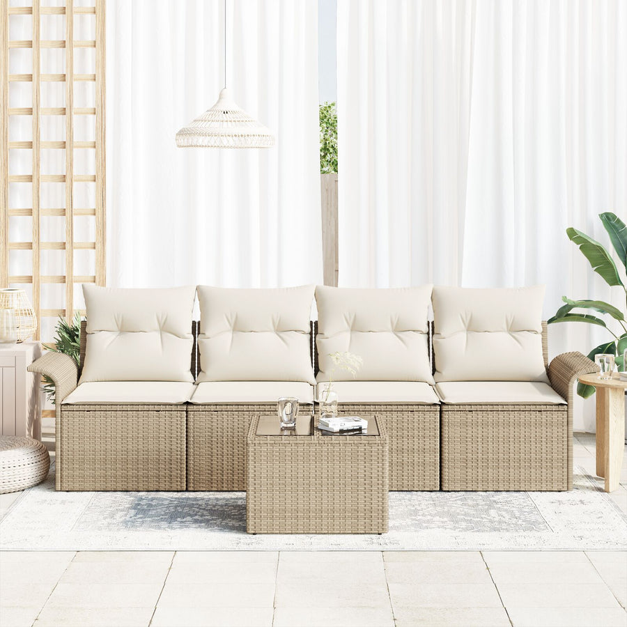 5-Delige Tuinsofaset Met Kussens Beige Poly Rattan