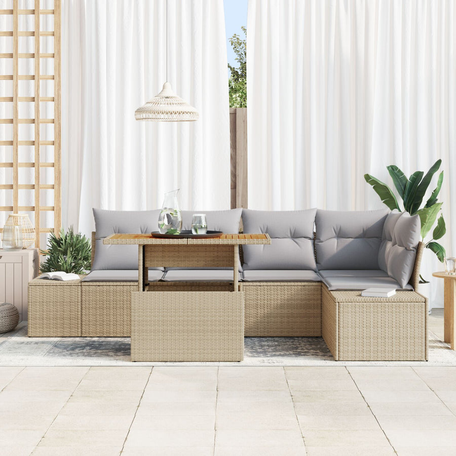 6-Delige Tuin Eetset Met Kussens Beige Poly Rattan Acacia