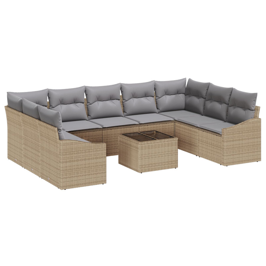10-Delige Tuin Sofa Set Met Kussens Zwarte Poly Rattan Beige en grijs met tafel