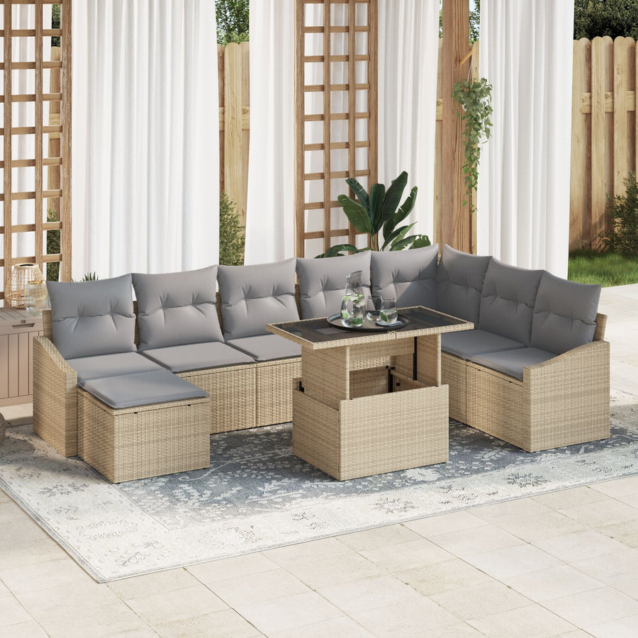 Tuinset Set Van 9 Beige, Grijs Poly Rattan, Polyester