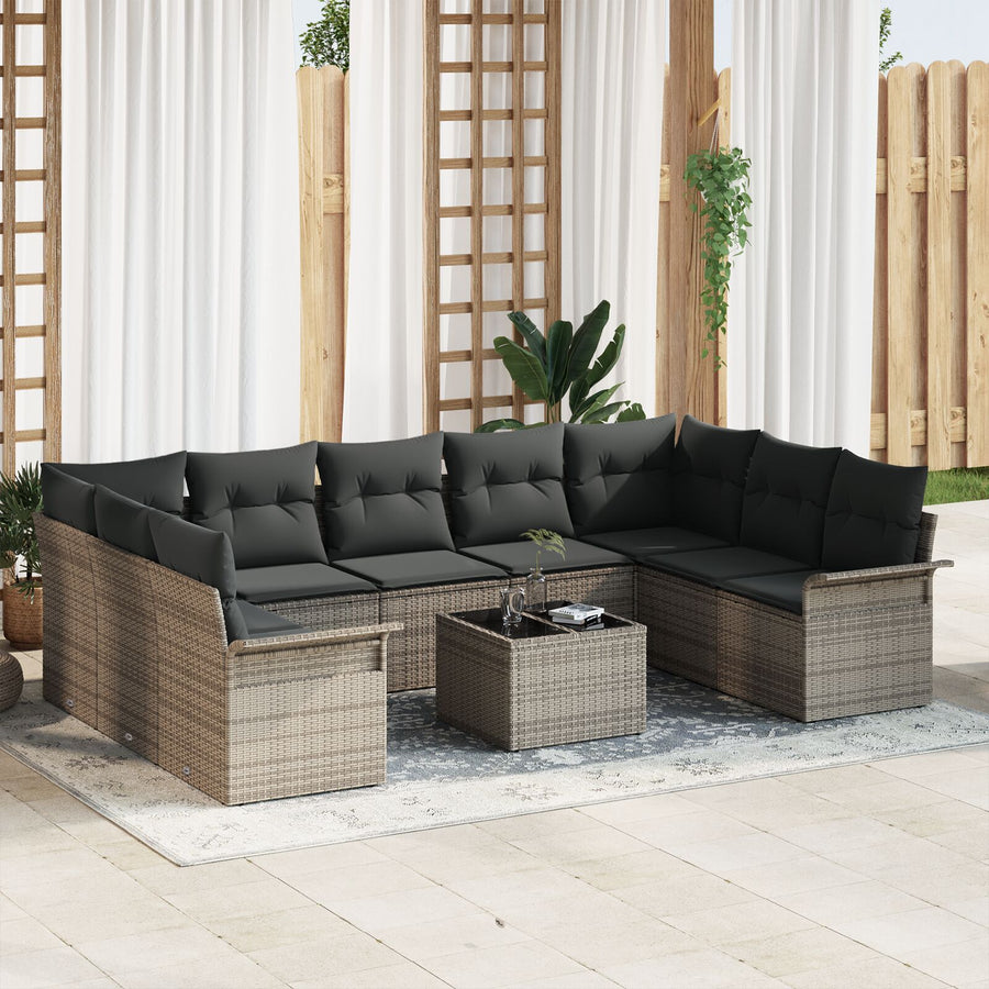 9-Delige Tuin Sofa Set Met Kussens Zwart Poly Rattan Grijs met tafel