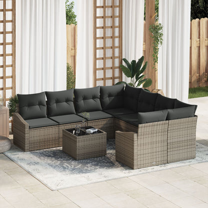 9-Delige Tuin Eetset Met Kussens Grijs Poly Rattan Gegalvaniseerd Staal