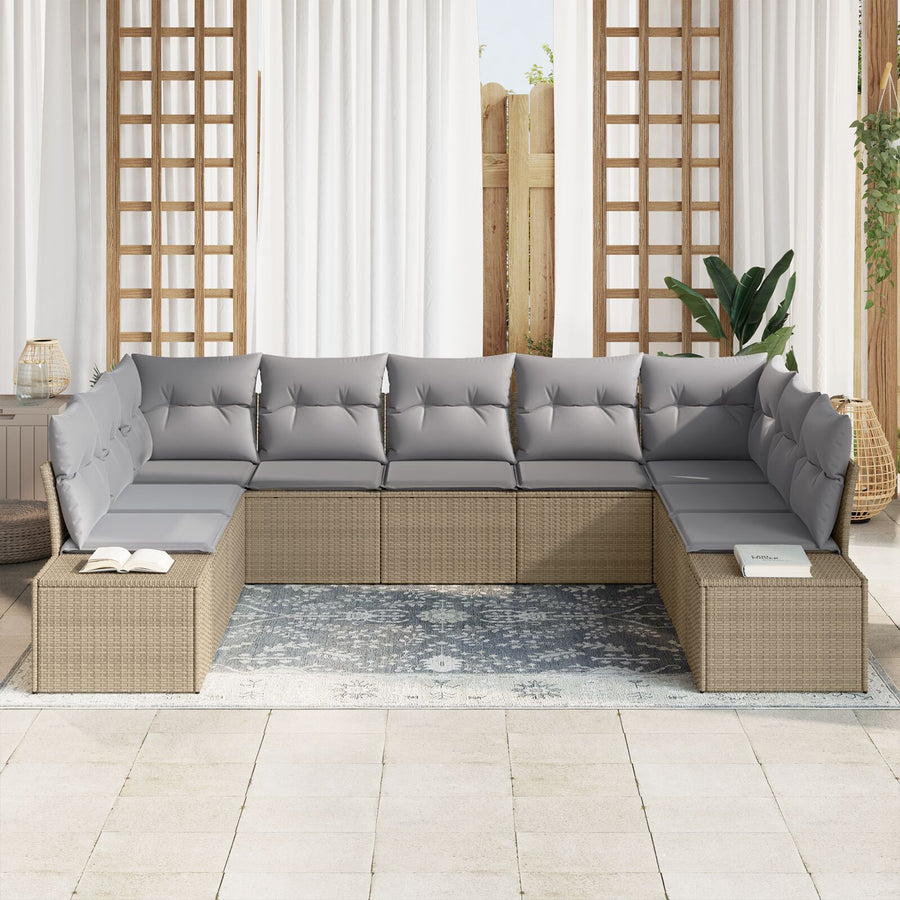 9-Delige Tuin Sofa Set Met Kussens Poly Rattan Beige en grijs zonder tafel