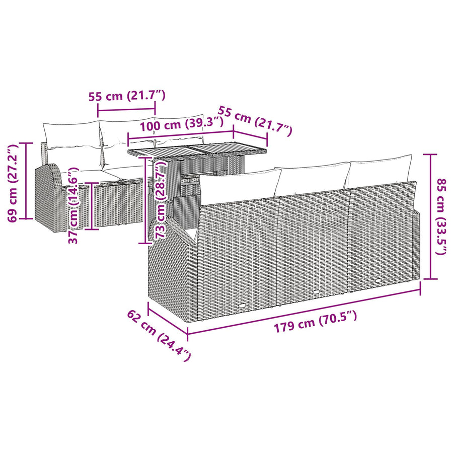 7 Delen Tuin Eetset Met Kussens Beige Poly Rattan Acacia
