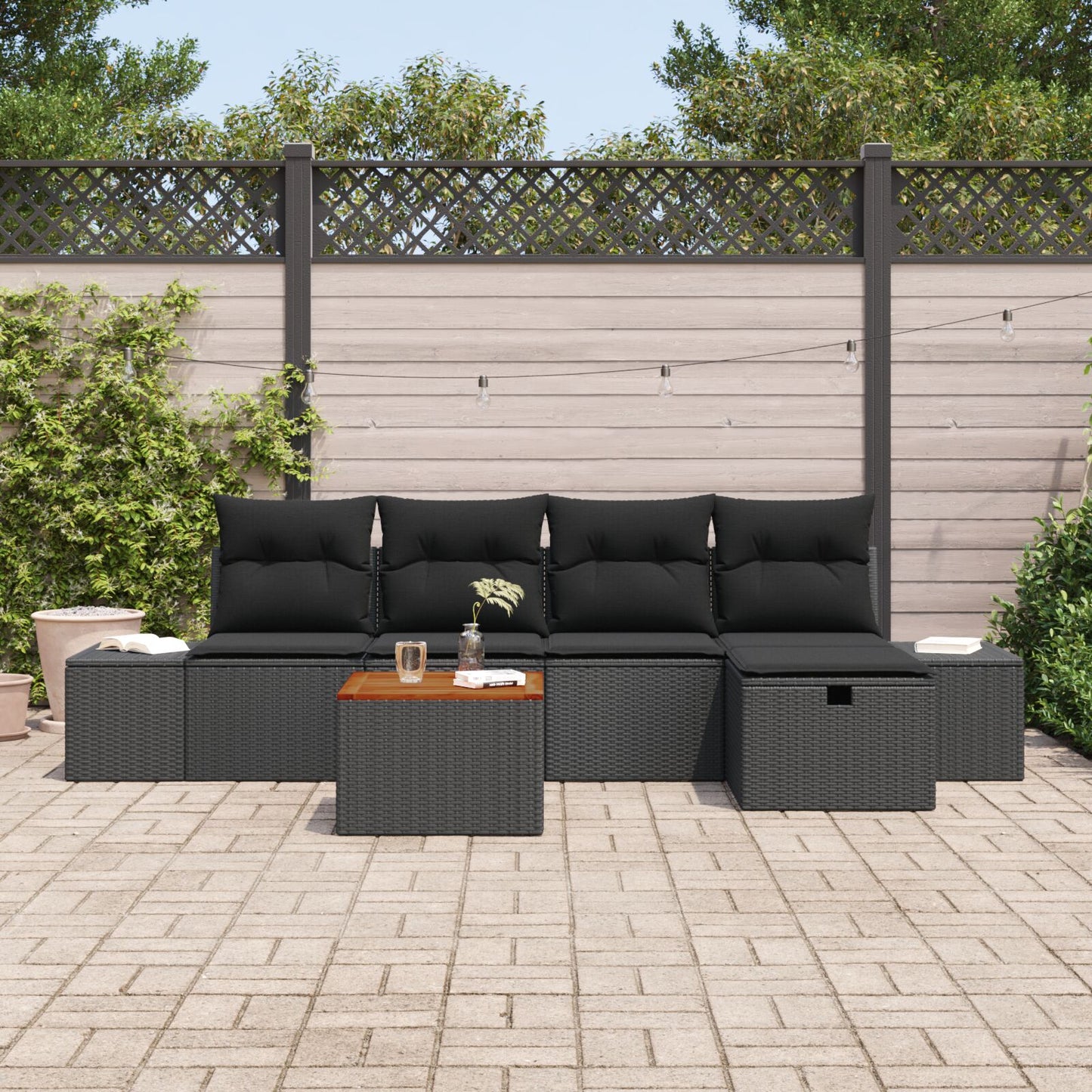 Tuinbank Set Set Van 6 Zwart Synthetisch Rattan, Stof, Staal Wit