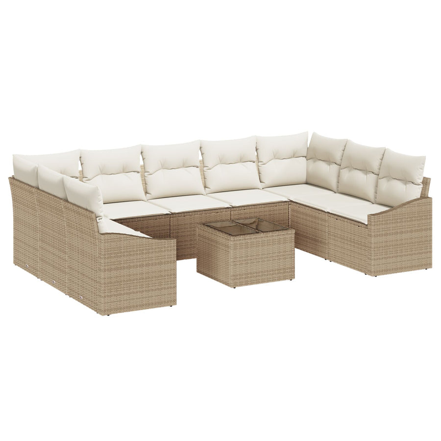10-Delige Tuinsofa Set Met Kussens Bruin Poly Riet Beige en crème met tafel