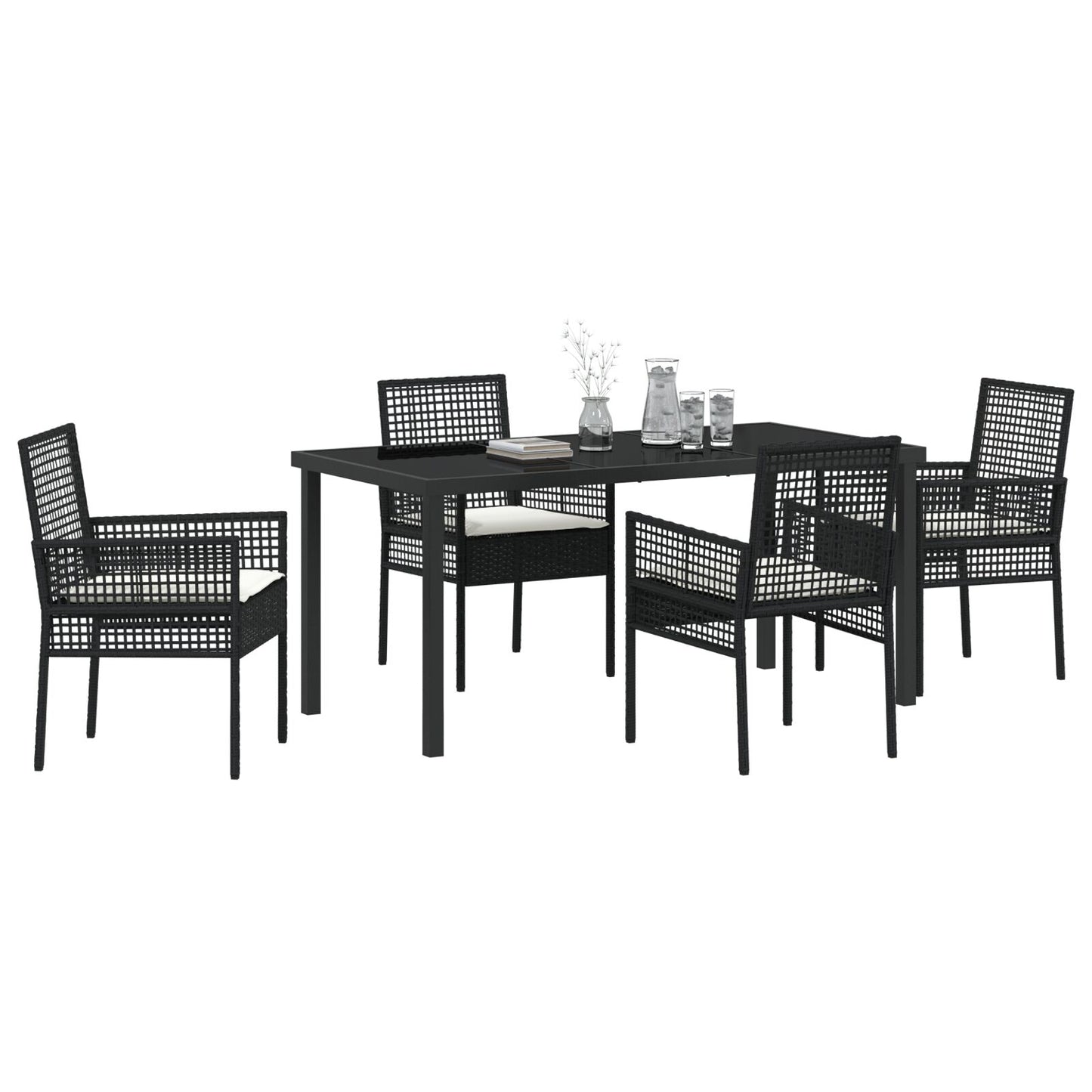 5-Delige Tuin Eettafel Set Met Kussens Zwarte Poly Rattan