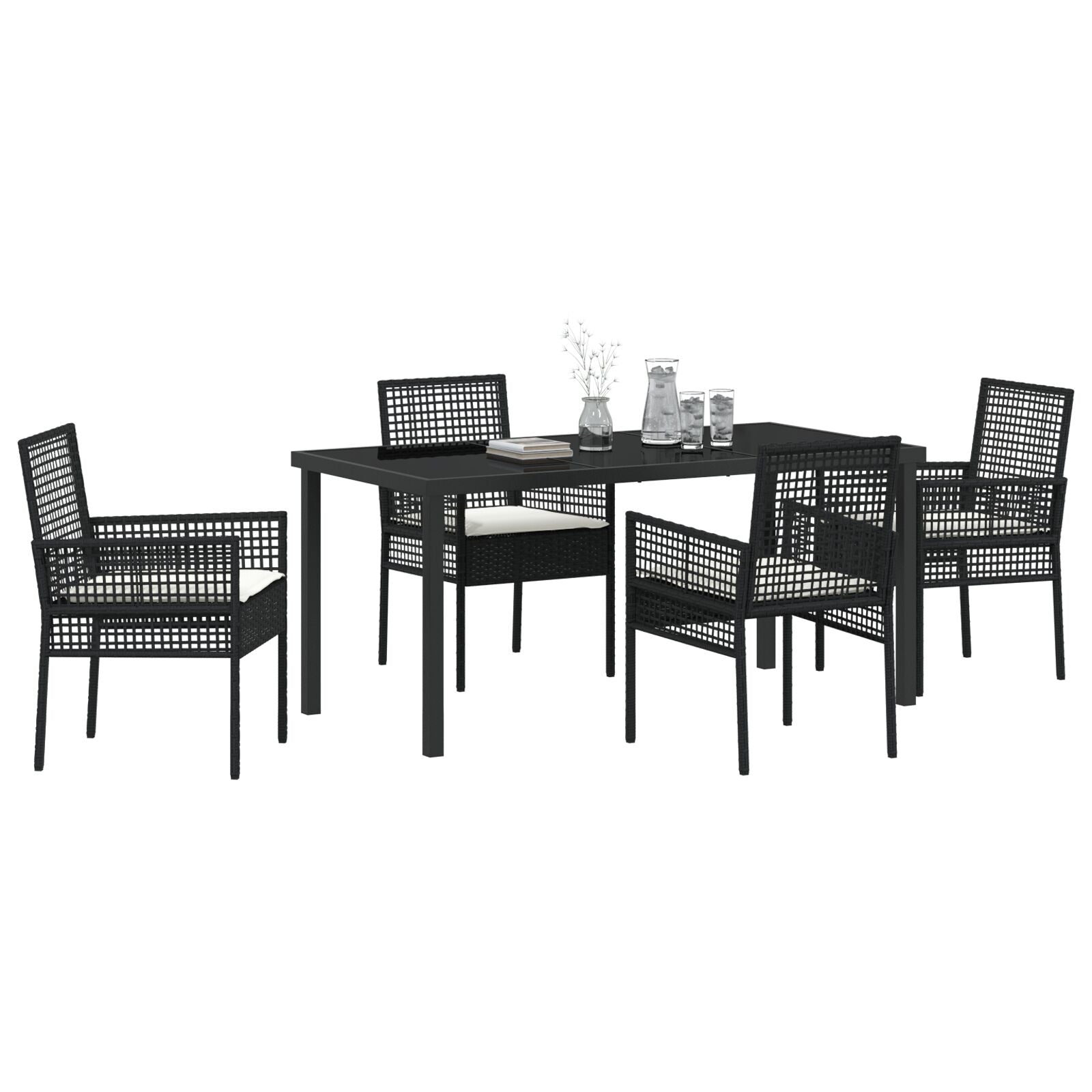 5-Delige Tuin Eettafel Set Met Kussens Zwarte Poly Rattan