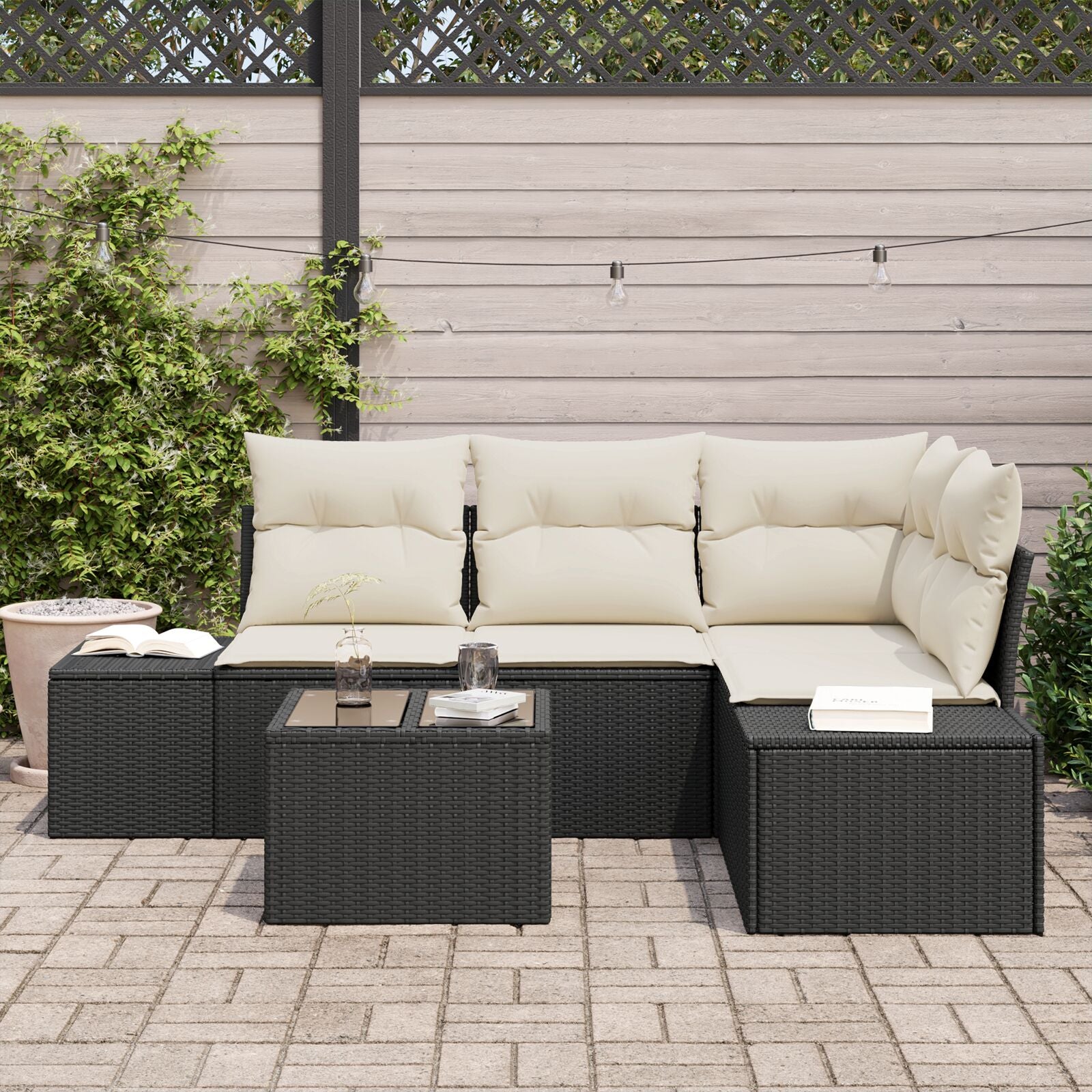 4-Delige Tuinbank Set Met Kussens Bruin Poly Rattan Zwart en Wit met tafel