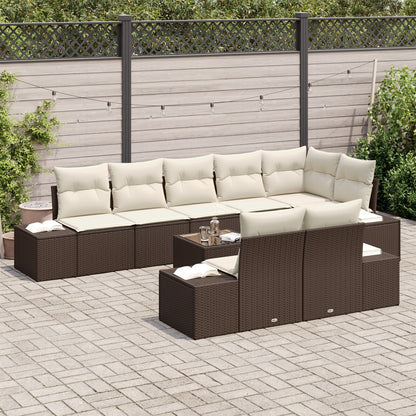 8-Delige Tuinbankset Met Kussens Grijze Poly Rattan Bruin en crème met tafel