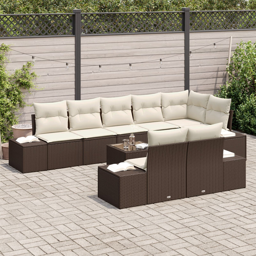8-Delige Tuinbankset Met Kussens Grijze Poly Rattan Bruin en crème met tafel