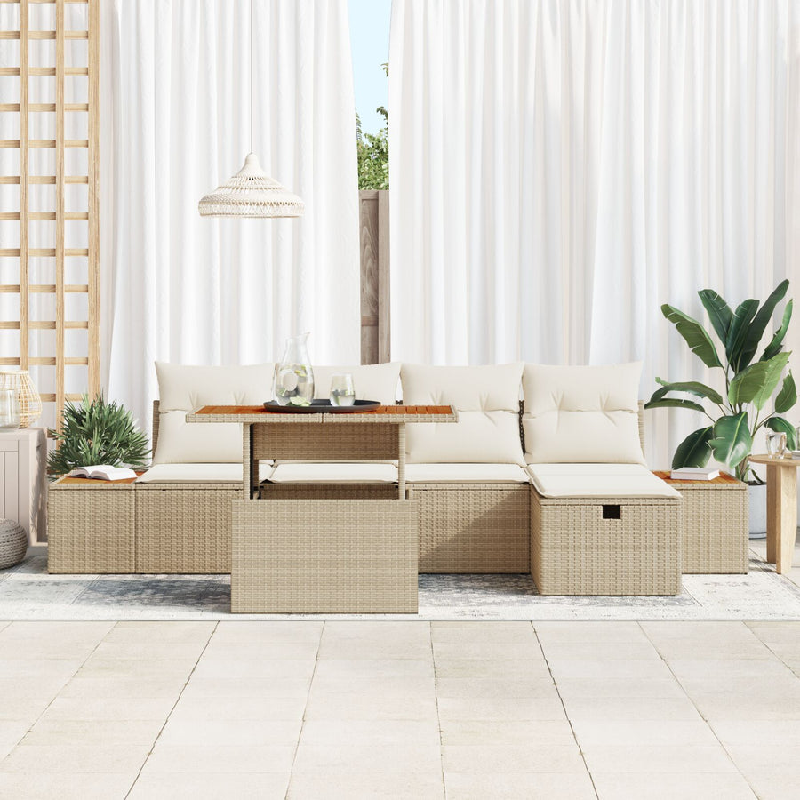 6-Delige Tuinbankset Met Kussens Beige Poly Rattan