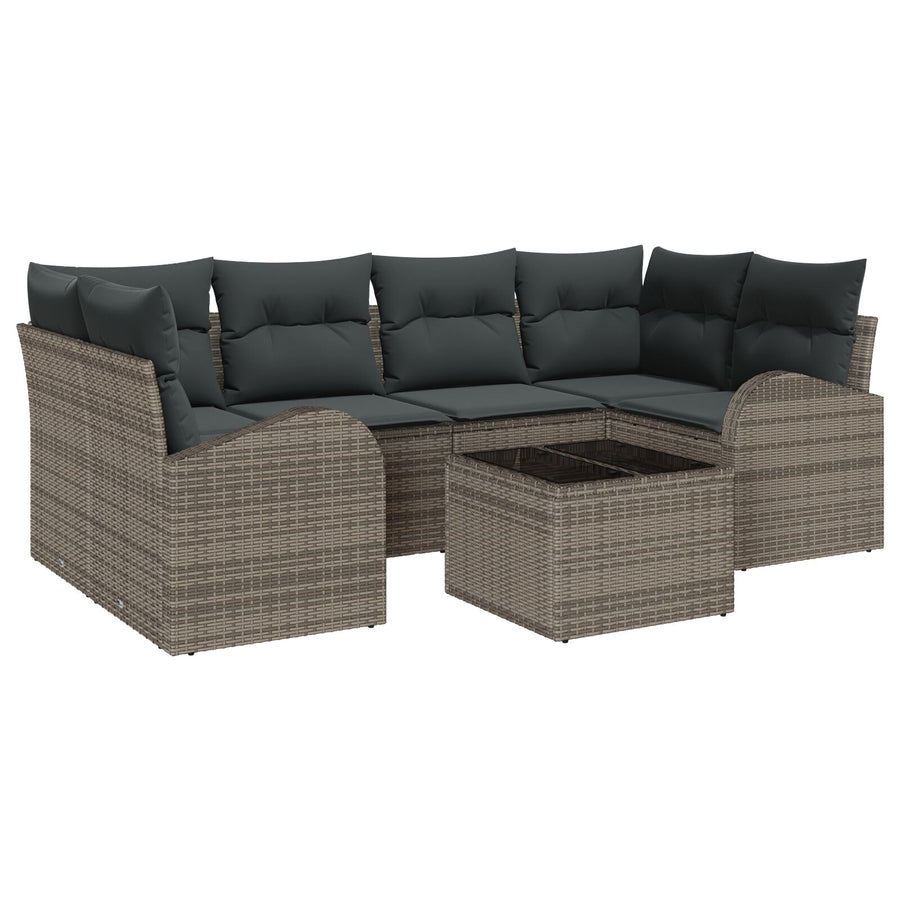 7-Delige Tuin Sofaset Met Kussens Grijs Poly Rattan