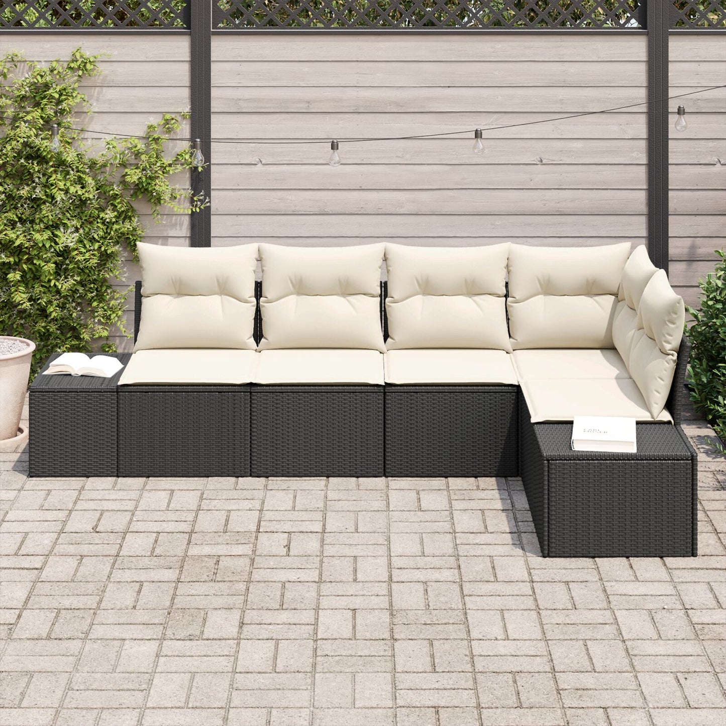 5-Delige Tuin Sofa Set Met Kussens Poly Rattan Zwart en crème zonder tafel