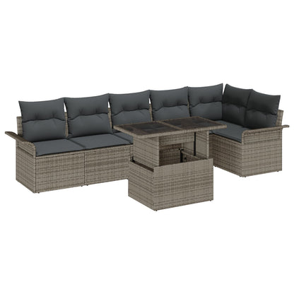 7-Delige Tuinbankset Met Kussens Grijs Poly Rattan