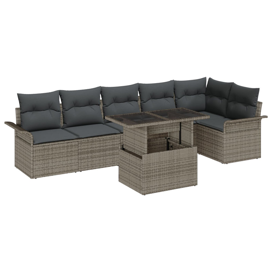 7-Delige Tuinbankset Met Kussens Grijs Poly Rattan