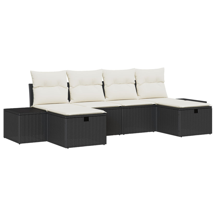 6-Delige Tuinbankset Met Kussens Zwart Poly Rattan