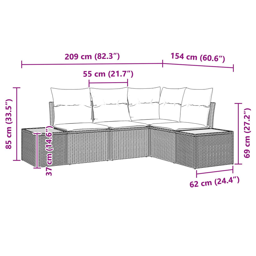 4-Delige Tuinbankset Met Kussens Beige Poly Rattan Acacia