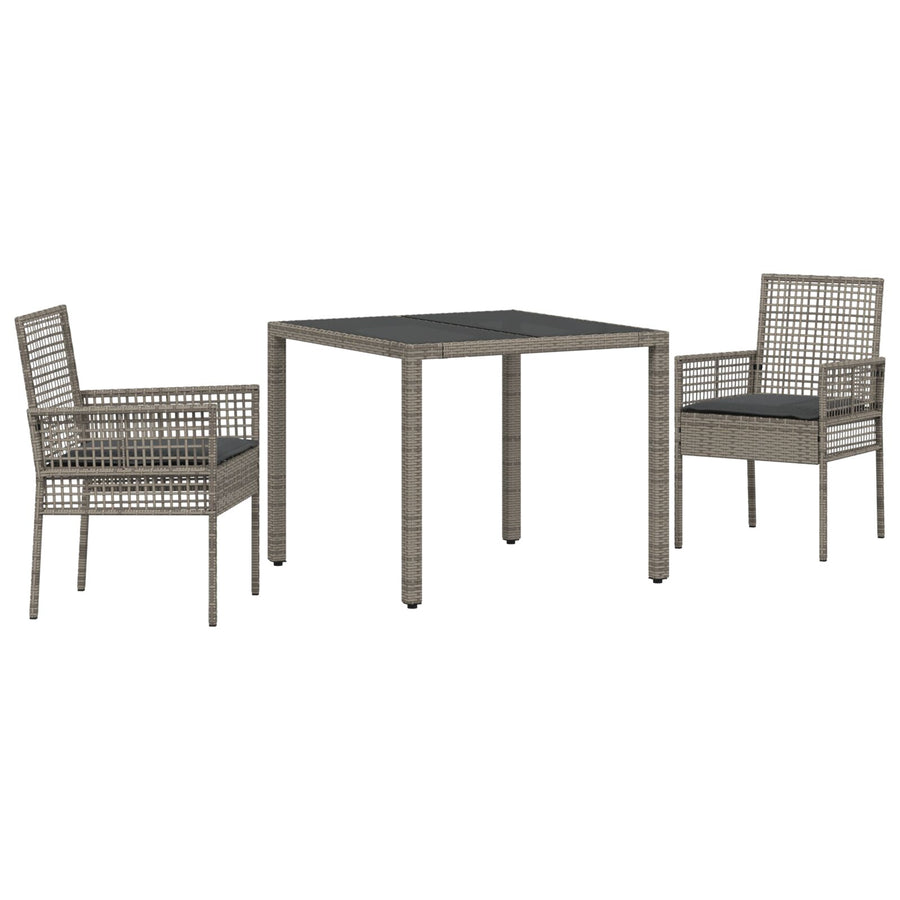 3-delige Tuin Eettafel Set met Kussens Grijs Poly Rattan